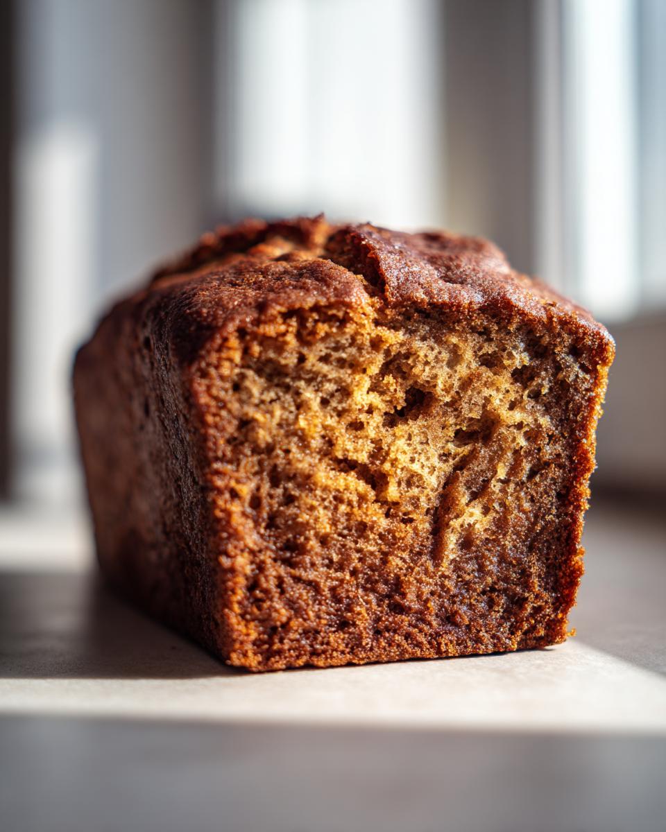 A close-up, side view of a freshly baked, dark brown vegan banana bread loaf showing its moist, airy crumb texture.