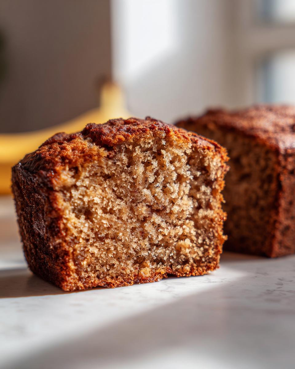 Close-up of a moist slice of vegan banana bread showing its textured, brown crumb, with another loaf blurred in the background.