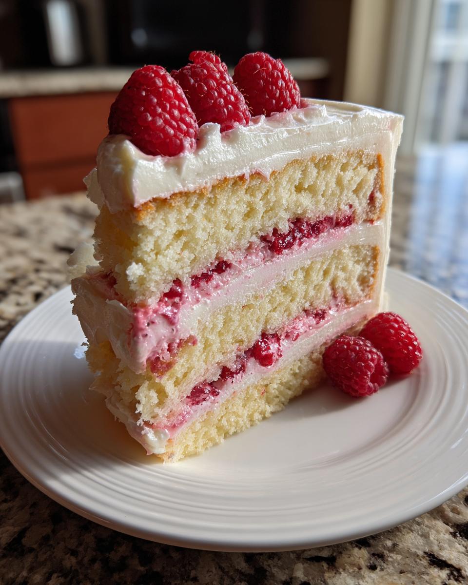 A tall slice of white chocolate raspberry cake with layers of white cake, pink filling, and topped with fresh raspberries.