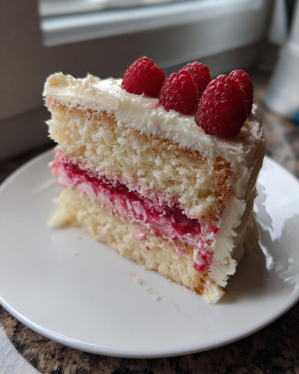 A perfect slice of moist white chocolate raspberry cake layered with white frosting and fresh raspberries on top.