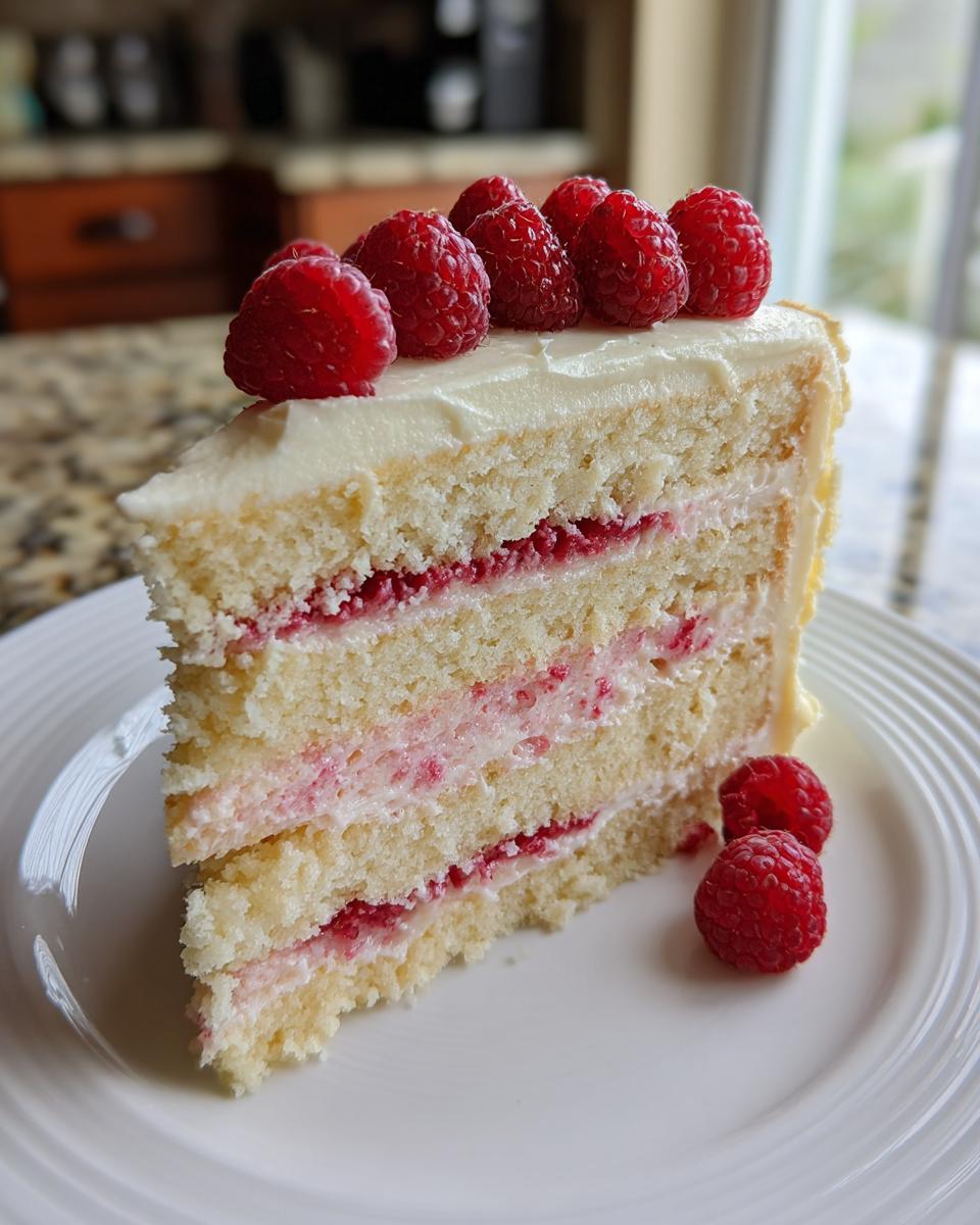 A tall slice of moist white chocolate raspberry cake layered with white frosting and raspberry filling, topped with fresh raspberries.
