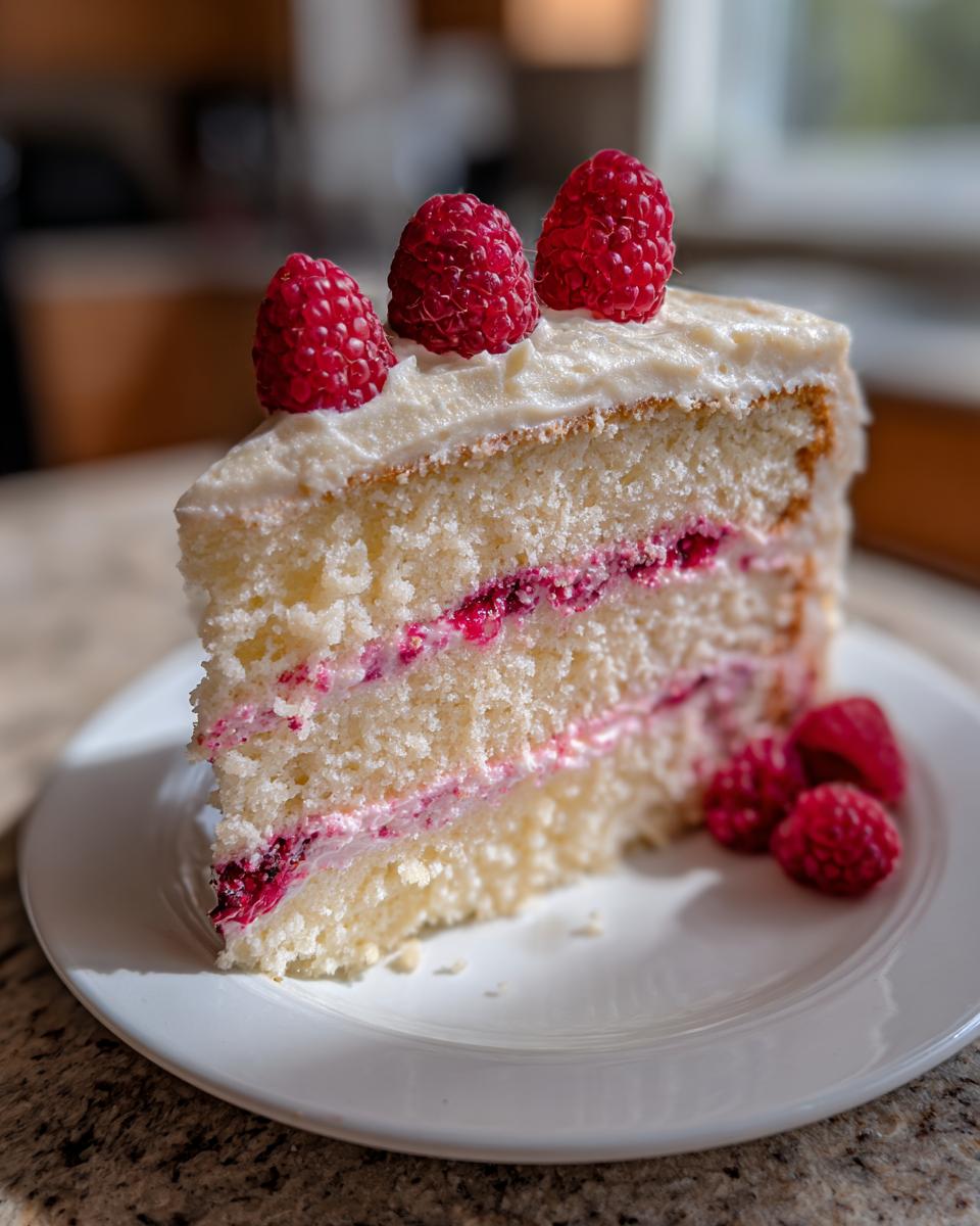 A moist slice of white chocolate raspberry cake with layers of white cake and raspberry filling, topped with white frosting and fresh raspberries.