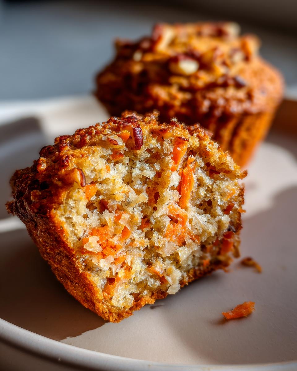 Close-up of a morning glory muffin cut in half showing shredded carrots, coconut, and nuts inside.