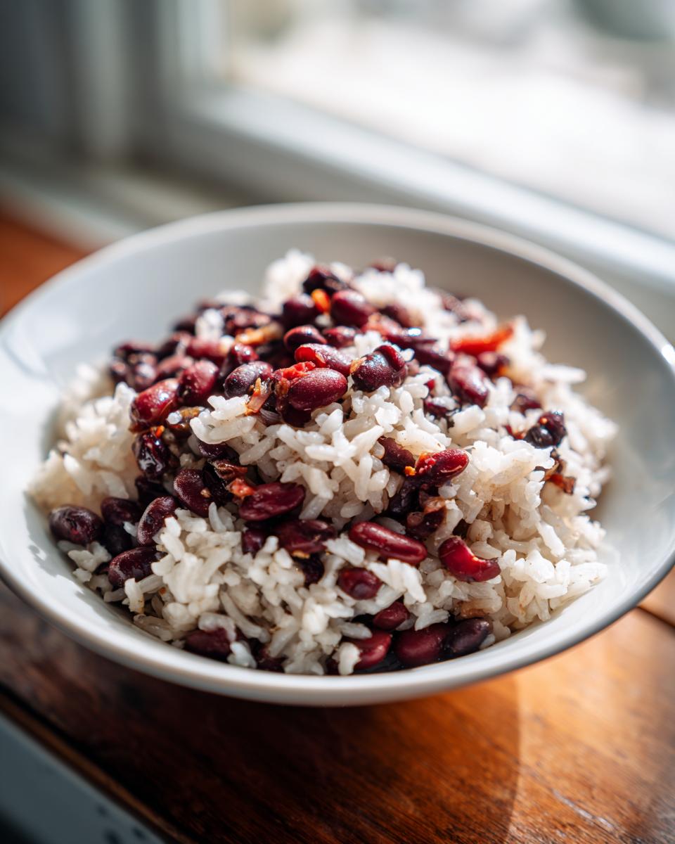 Close-up of a white bowl filled with fluffy white rice mixed with dark red kidney beans, representing black beans and rice.