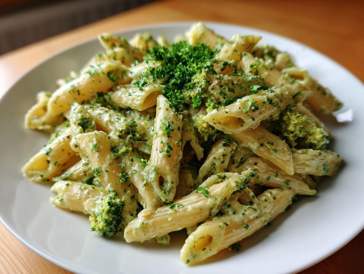 A close-up shot of creamy penne pasta mixed with green broccoli florets, served on a white plate, featuring our amazing broccoli pasta recipe.