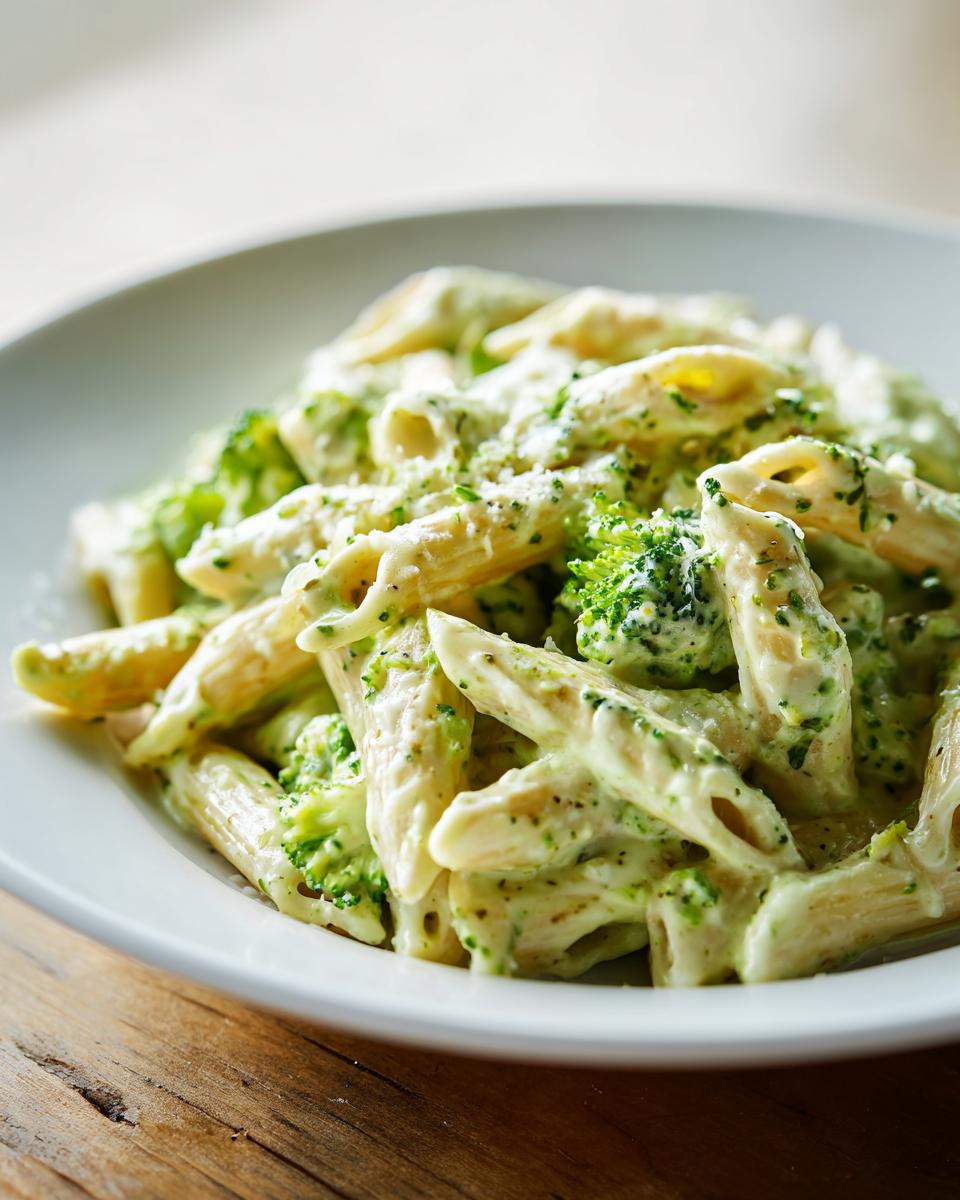 Close-up of creamy broccoli pasta made with penne noodles and green broccoli florets in a white bowl.