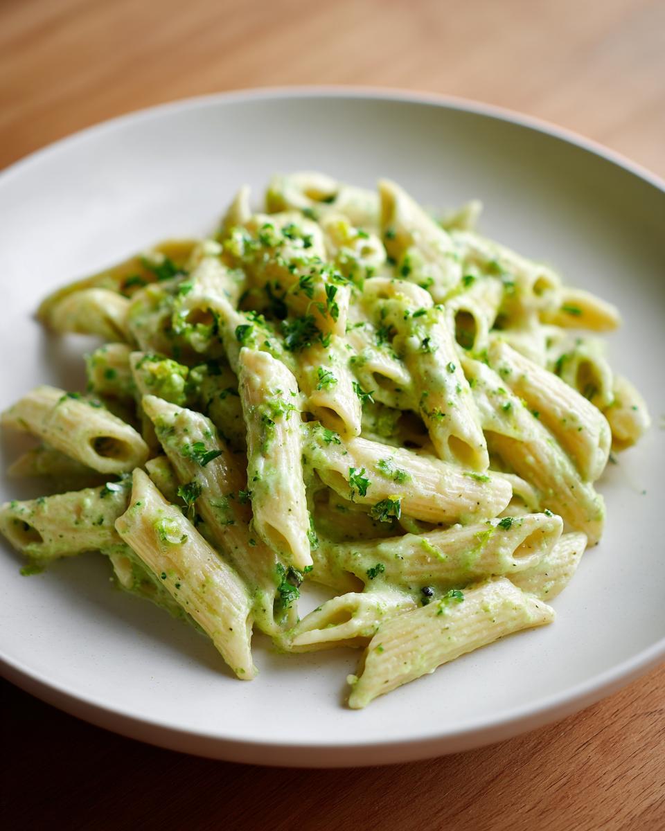 Close-up of creamy broccoli pasta made with penne, topped with fresh parsley.