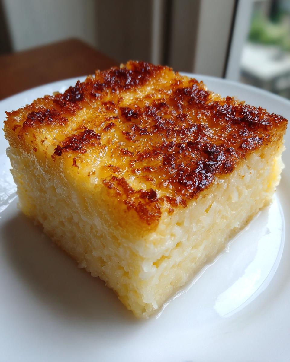 Close-up of a square slice of moist cassava cake with a beautifully caramelized, browned top, served on a white plate.