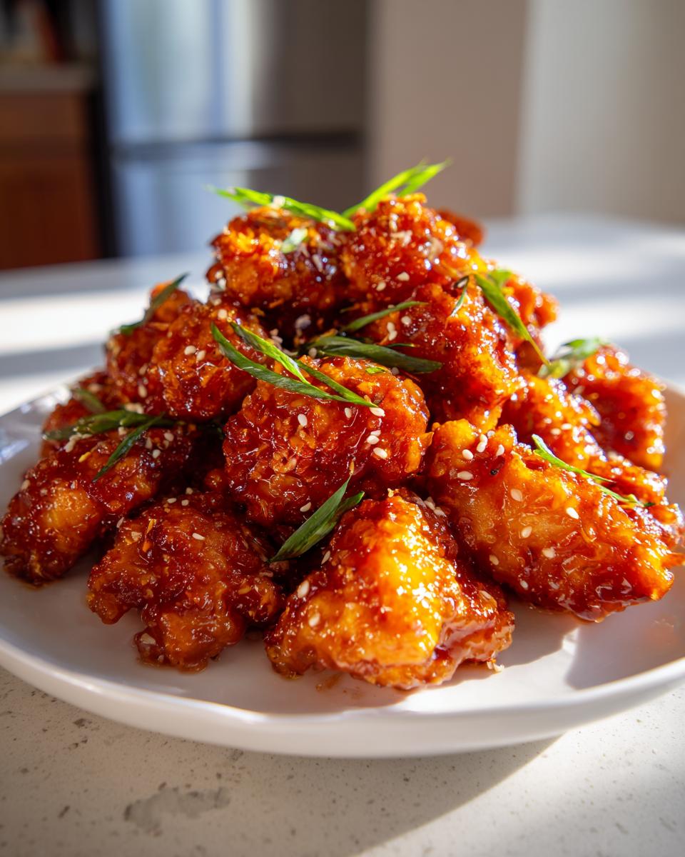 A mound of crispy, glazed pieces from an orange chicken recipe, garnished with sesame seeds and sliced green onions.