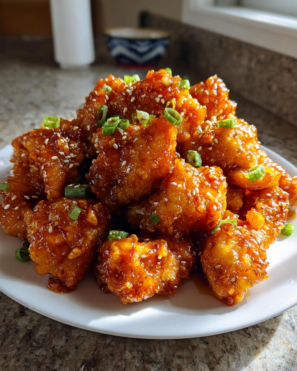 A pile of crispy, glazed orange chicken recipe pieces topped with sesame seeds and chopped green onions on a white plate.