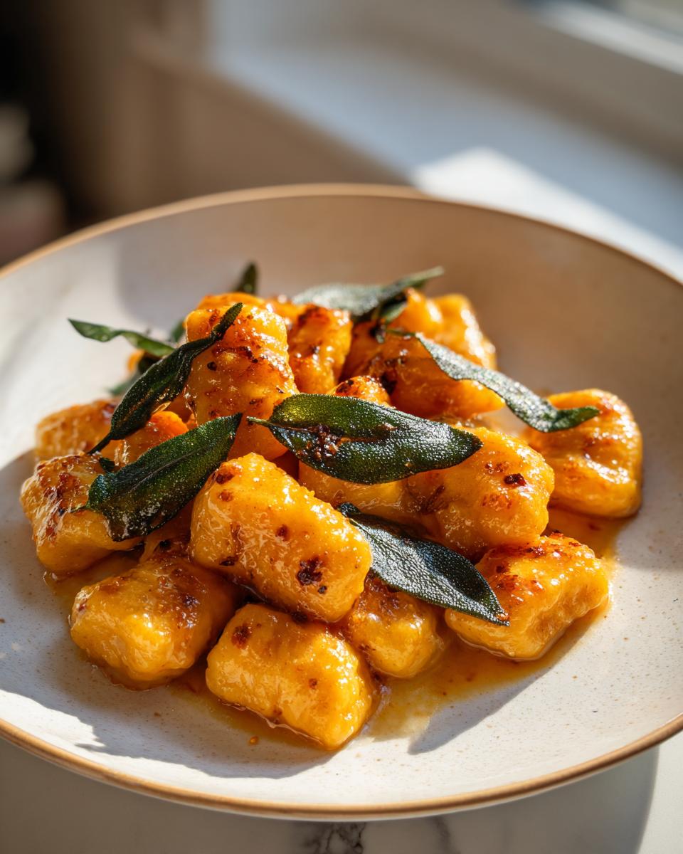 Golden-orange sweet potato gnocchi pan-seared and topped with crispy sage leaves in a light sauce.