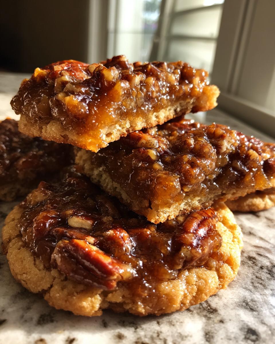 Close-up of stacked pecan pie cookies showing the thick, gooey caramel topping and whole pecans on a shortbread base.