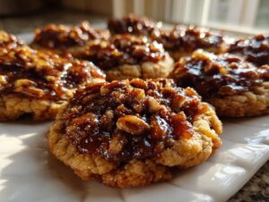 Close-up of several freshly baked pecan pie cookies topped with a shiny, sticky pecan filling.