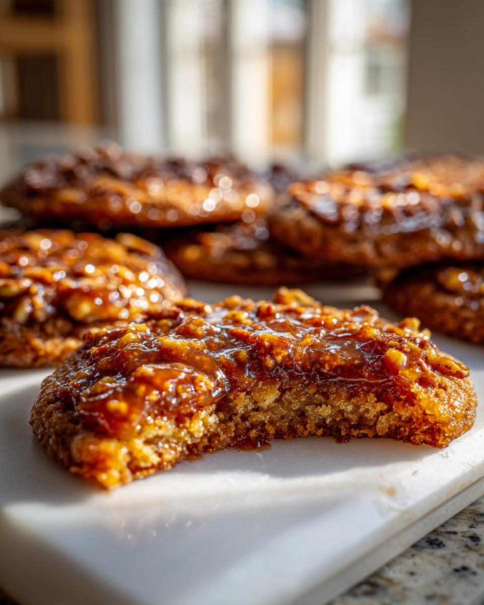 A close-up of a pecan pie cookie with a bite taken out, showing the gooey pecan topping and soft interior.