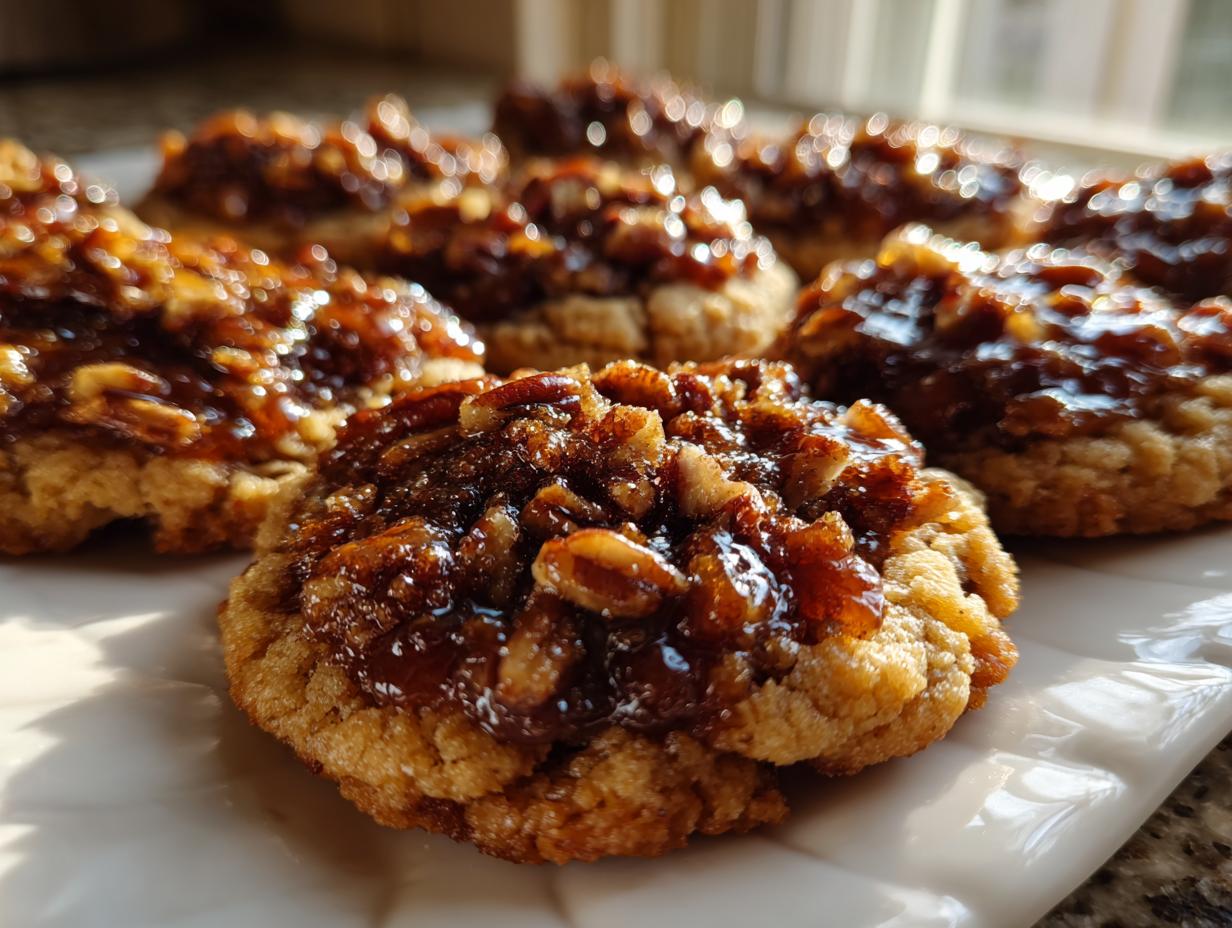 Close-up of several freshly baked pecan pie cookies topped with a shiny, sticky pecan filling.