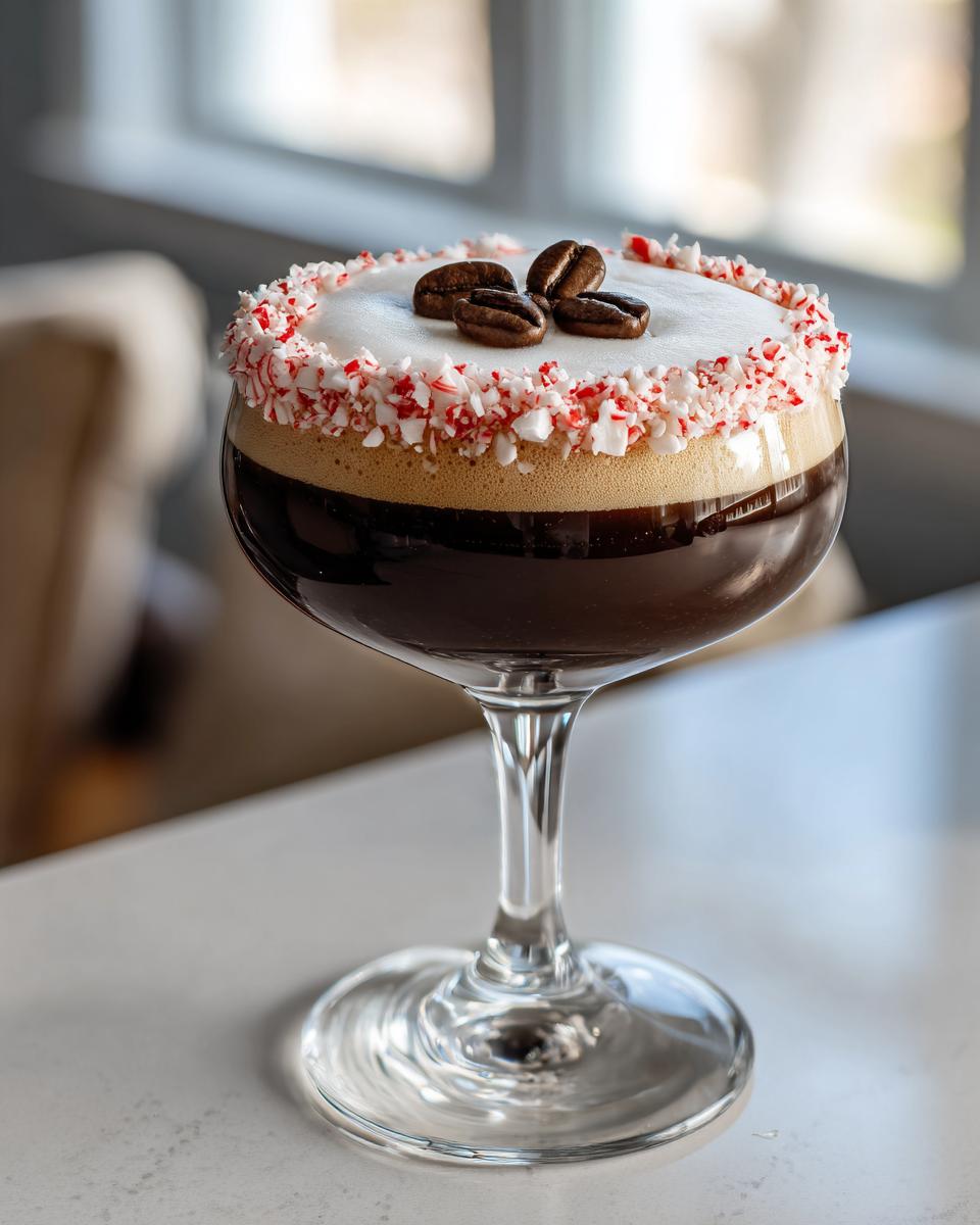 A festive peppermint espresso martini garnished with crushed candy canes and three coffee beans on the foam.