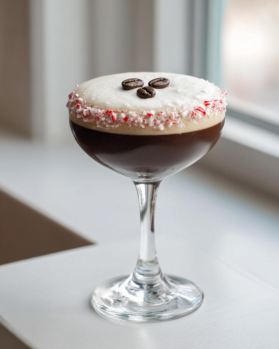 A festive peppermint espresso martini with a thick foam top, crushed candy cane rim, and three coffee beans.