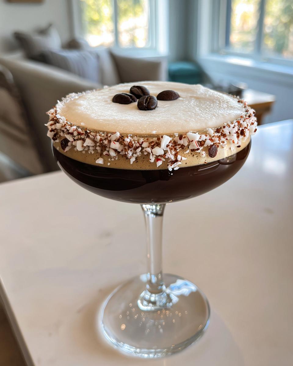 A festive peppermint espresso martini with a creamy foam top, garnished with crushed candy canes and coffee beans.