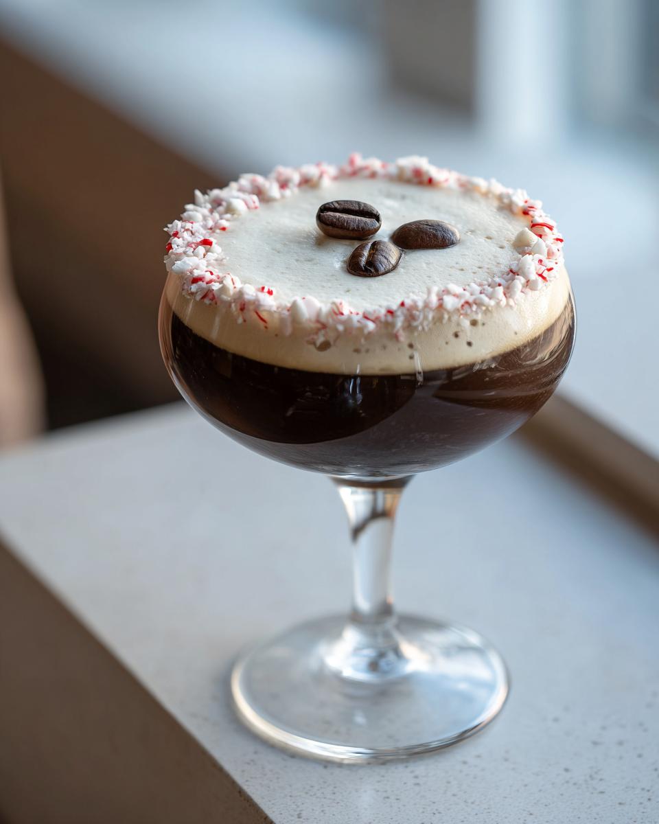 A close-up of a peppermint espresso martini topped with foam, crushed candy cane rim, and three coffee beans.