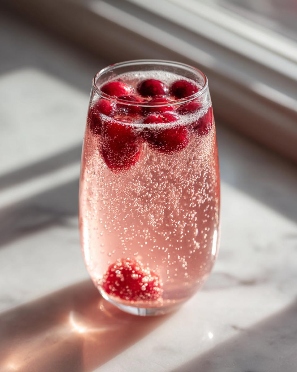 Close-up of a glass filled with pink champagne punch, showing effervescence and floating cranberries.