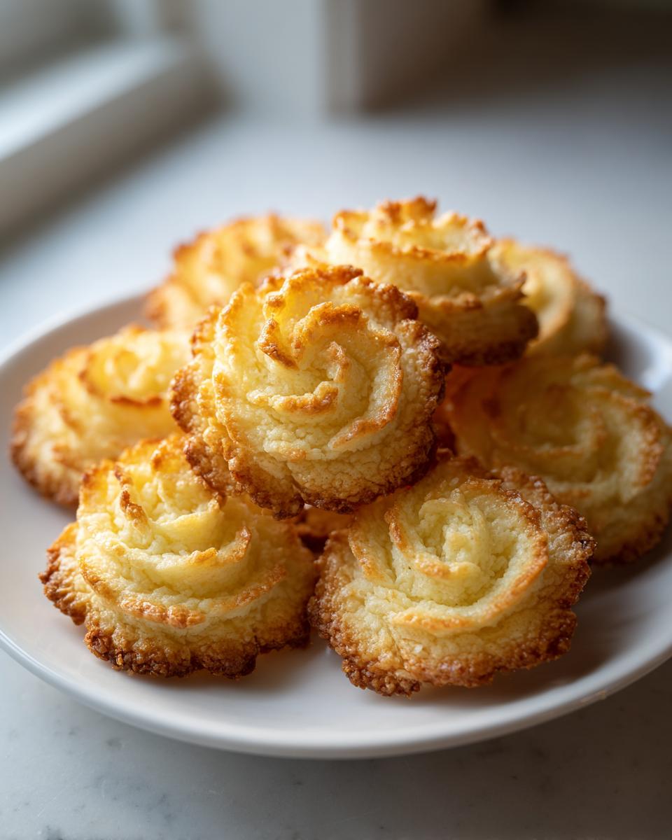 Close-up of several golden, piped butter cookie roses stacked on a white plate.