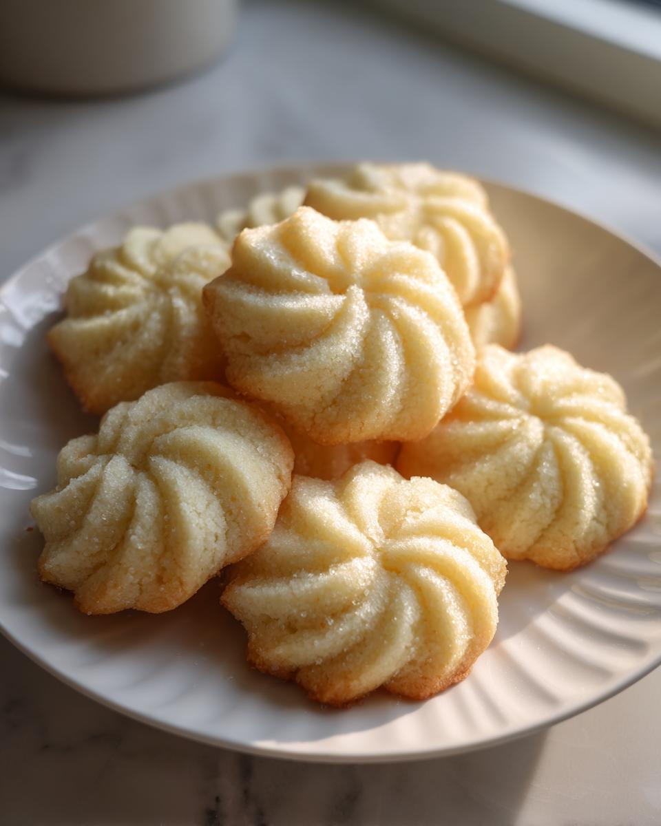 A small stack of freshly baked, piped butter cookie treats dusted with sugar on a white plate.