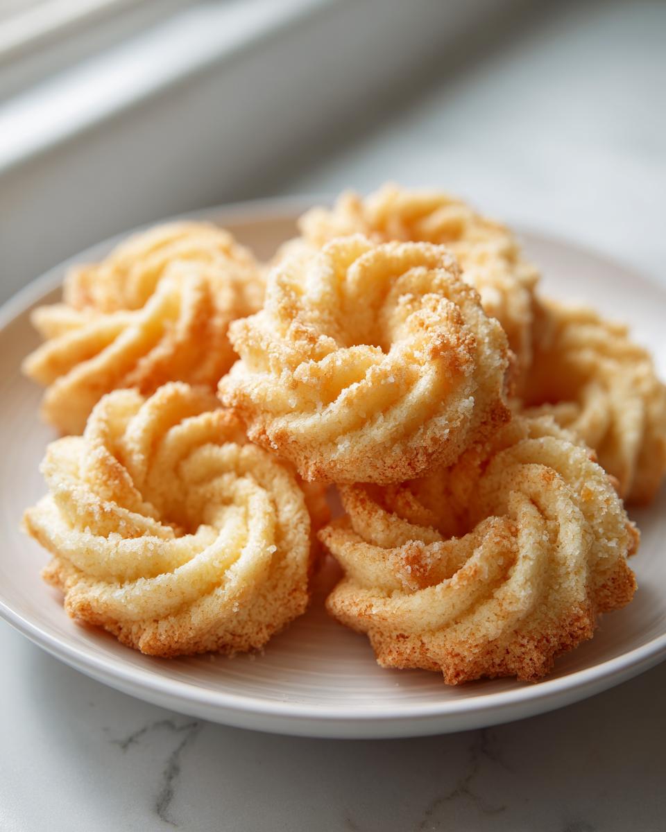 A pile of freshly baked, light golden butter cookie treats with piped, swirled edges on a white plate.