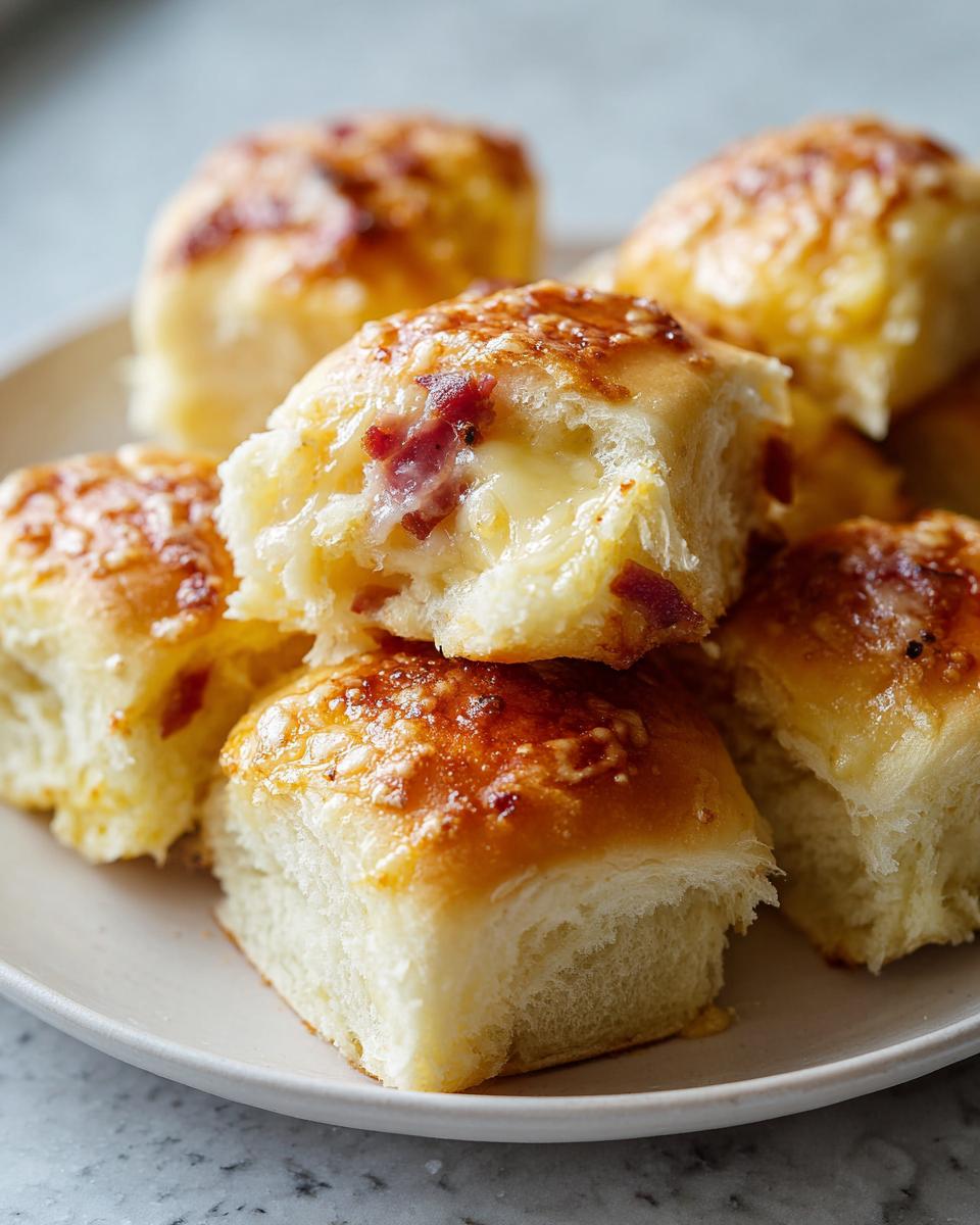 Close-up of soft, golden-brown pizza sliders stacked, showing melted cheese and pepperoni filling inside.