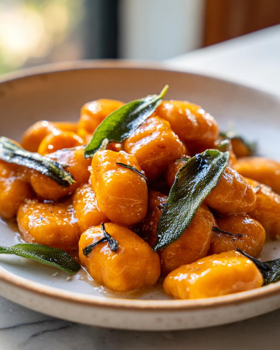 Close-up of vibrant orange sweet potato gnocchi tossed in sauce and garnished with crispy sage leaves.
