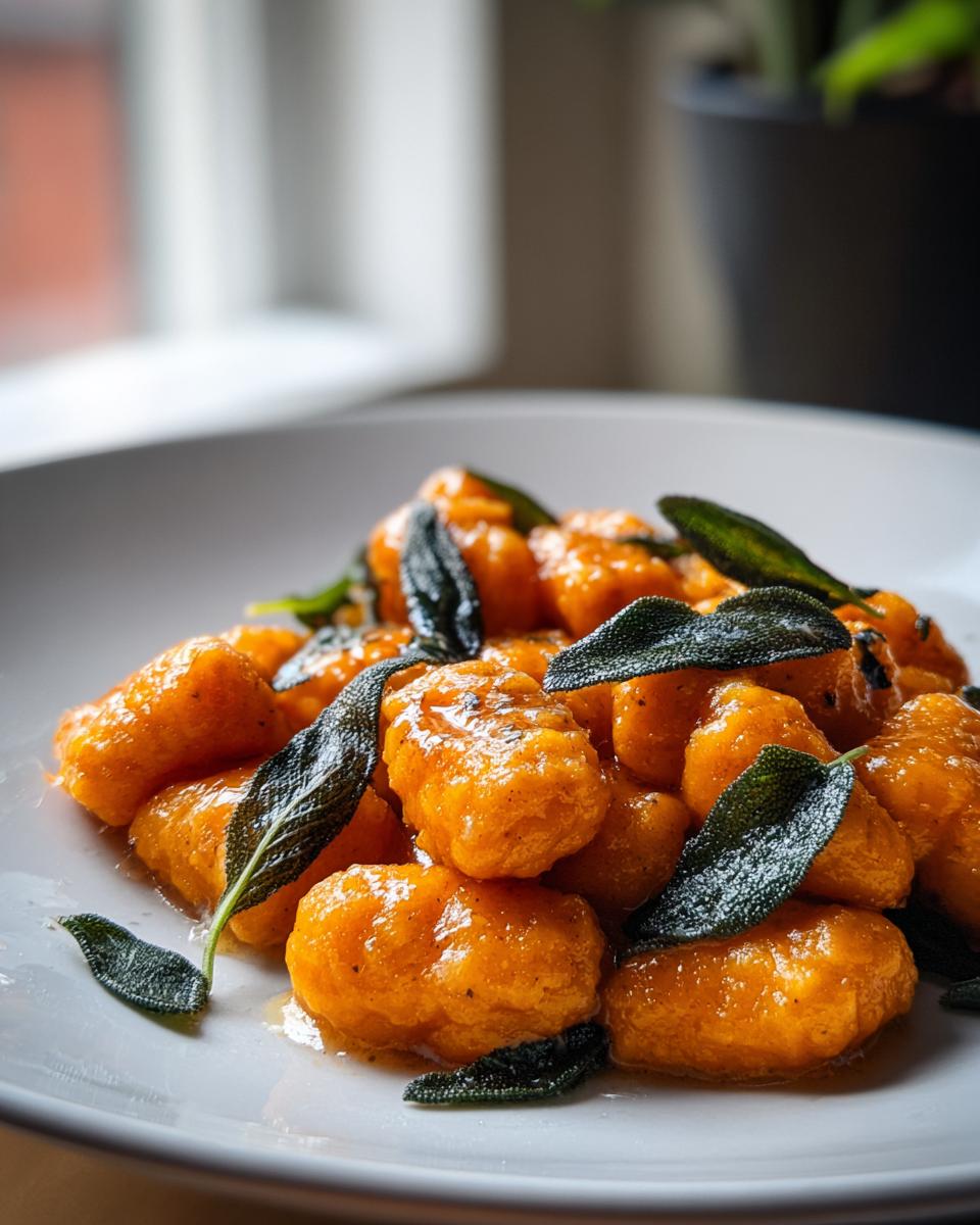 A close-up of vibrant orange sweet potato gnocchi tossed in butter sauce and topped with crispy fried sage leaves.