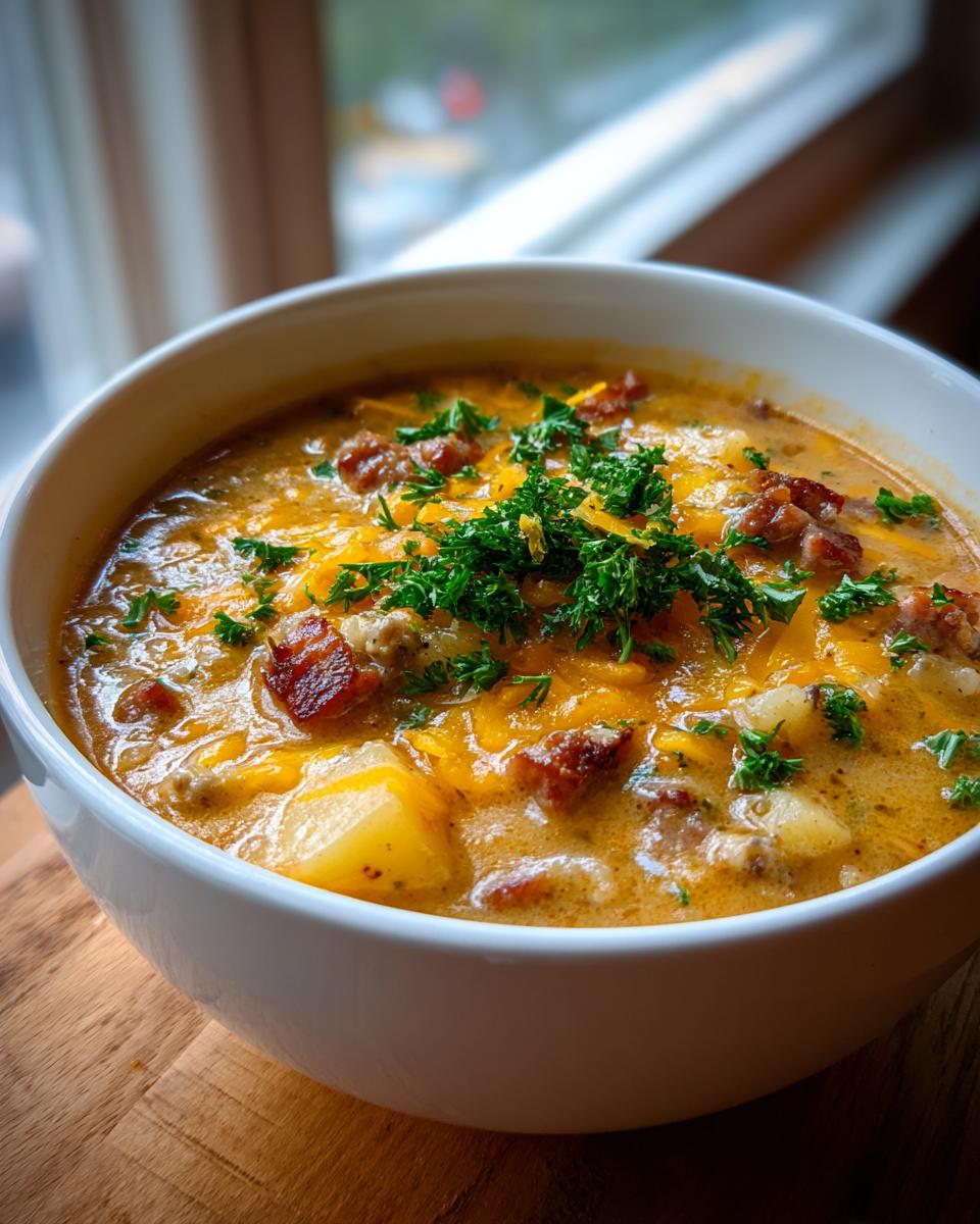 A close-up of a hearty bowl of potato and sausage chowder topped with melted cheddar cheese and fresh parsley.