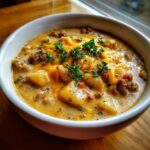 Close-up of a creamy potato and sausage chowder topped with melted cheddar cheese and fresh parsley.