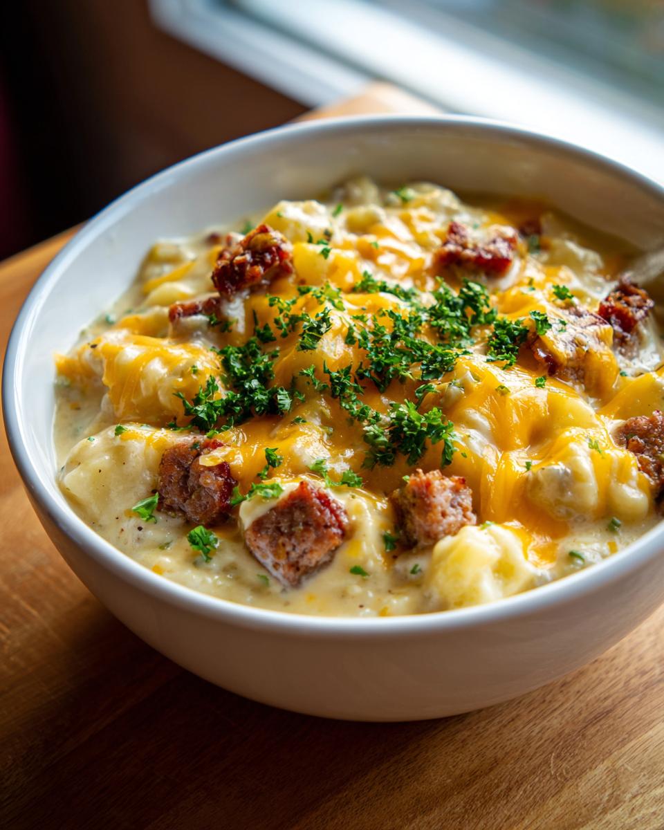 A close-up of a bowl of creamy potato and sausage chowder topped with melted cheddar cheese and fresh parsley.