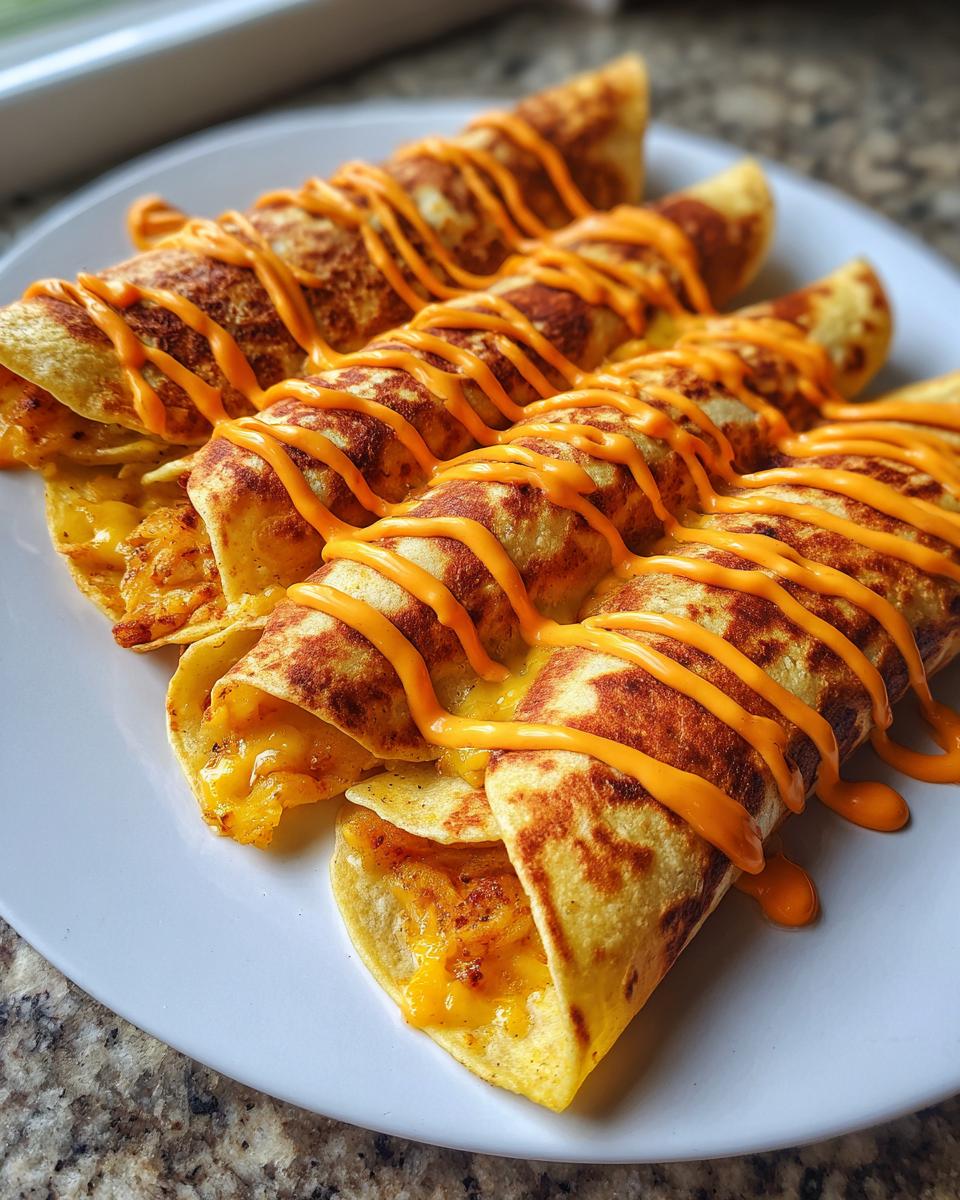 Four rolled potato tacos filled with melted cheese, served on a white plate and drizzled with bright orange cheese sauce.
