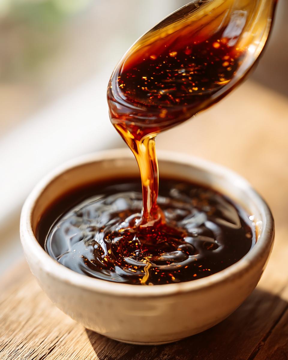 Close-up of thick, dark teriyaki sauce being poured from a spoon into a small white bowl.