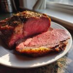 Close-up of a perfectly cooked prime rib recipe roast, showing a medium-rare pink center and a dark herb crust, sliced on a white plate.