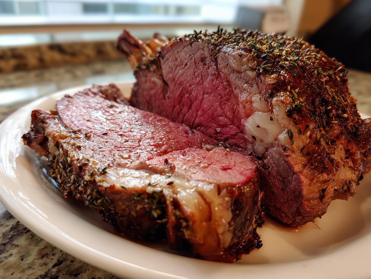 Close-up of a perfectly cooked prime rib recipe roast, sliced to show a medium-rare pink center and herb crust.