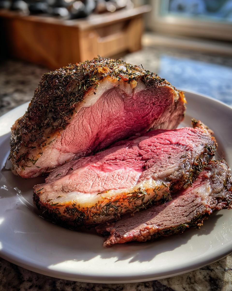 A beautifully cooked prime rib recipe roast, sliced to show a medium-rare center and dark herb crust, resting on a white plate.