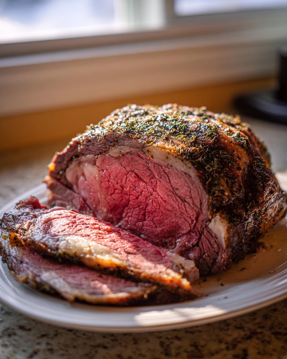 A beautifully cooked prime rib recipe roast, sliced to show a perfect medium-rare center and herb crust.