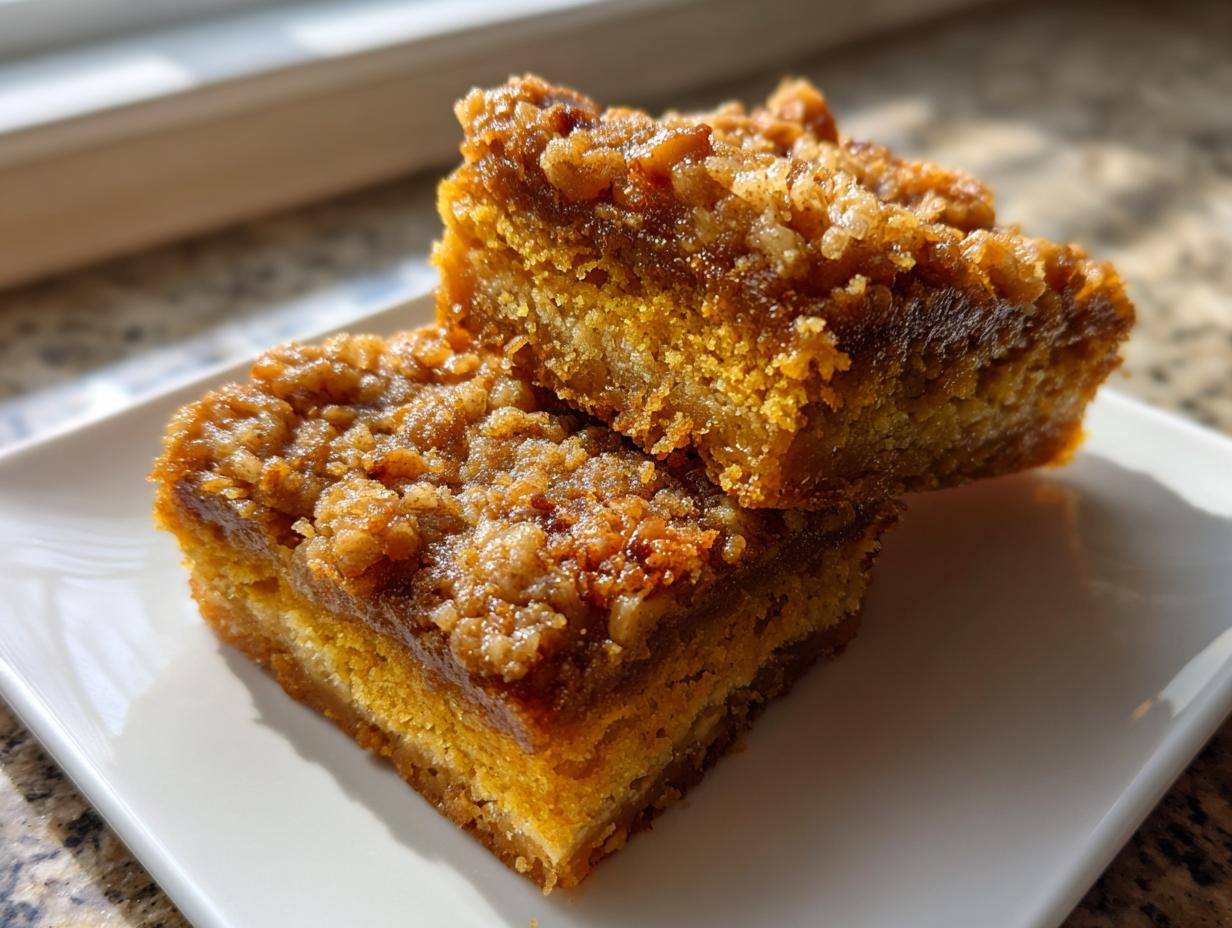 Two stacked squares of rich, layered pumpkin crunch bars with a crumbly topping on a white plate.