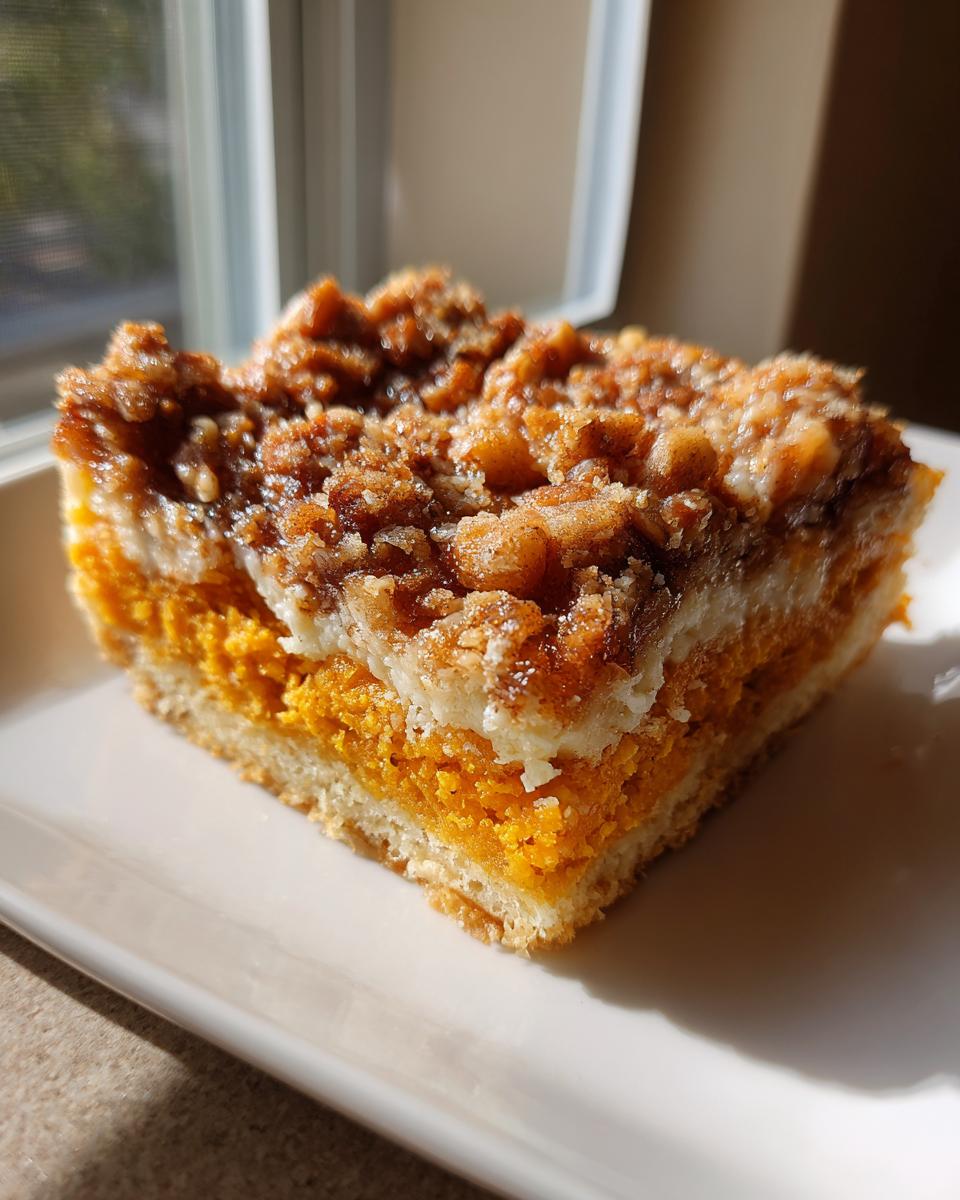 Close-up of a square slice of three-layer pumpkin crunch dessert on a white plate.