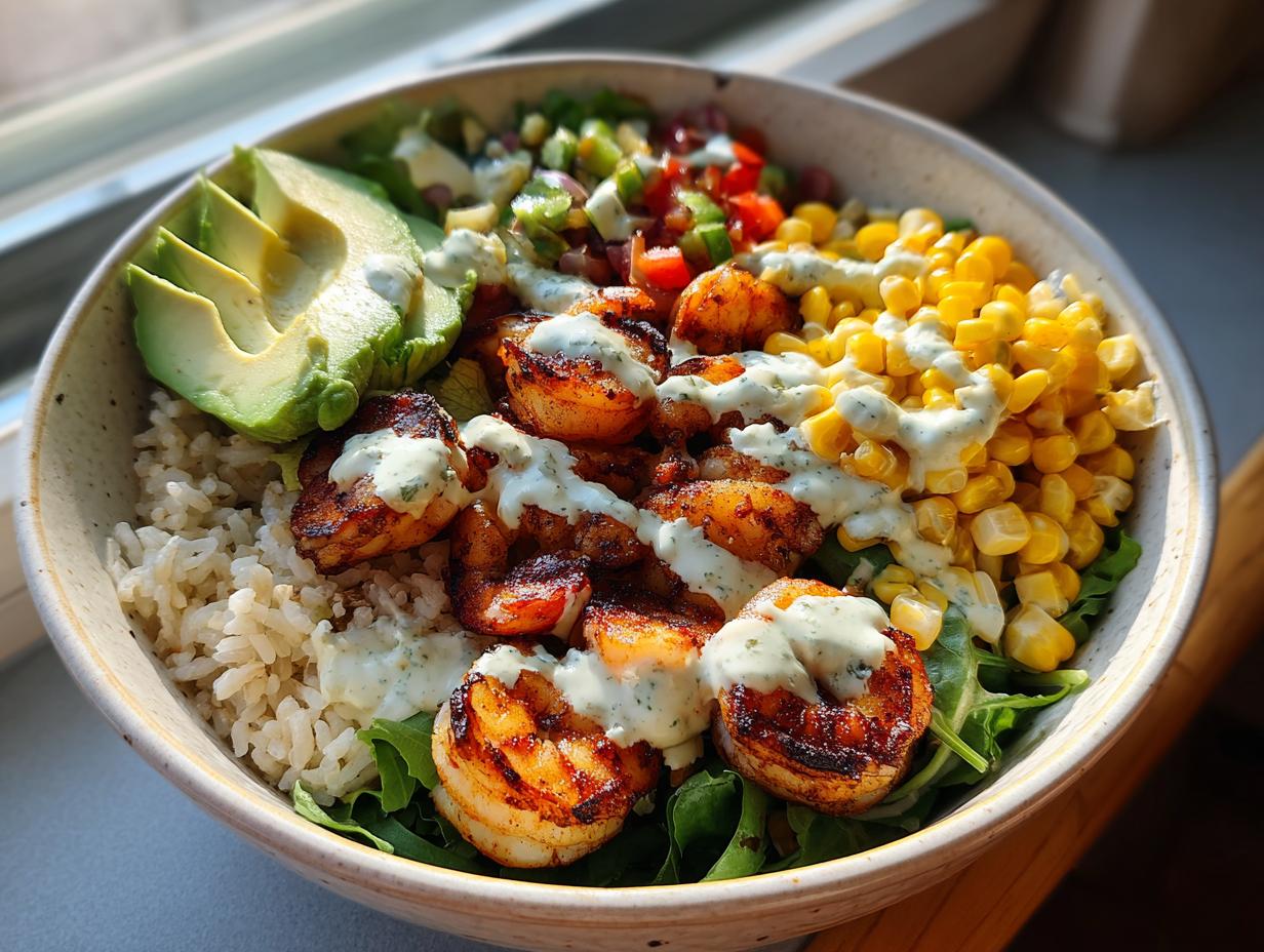 Close-up of a vibrant shrimp bowl featuring grilled shrimp, brown rice, corn, avocado slices, and creamy green sauce.