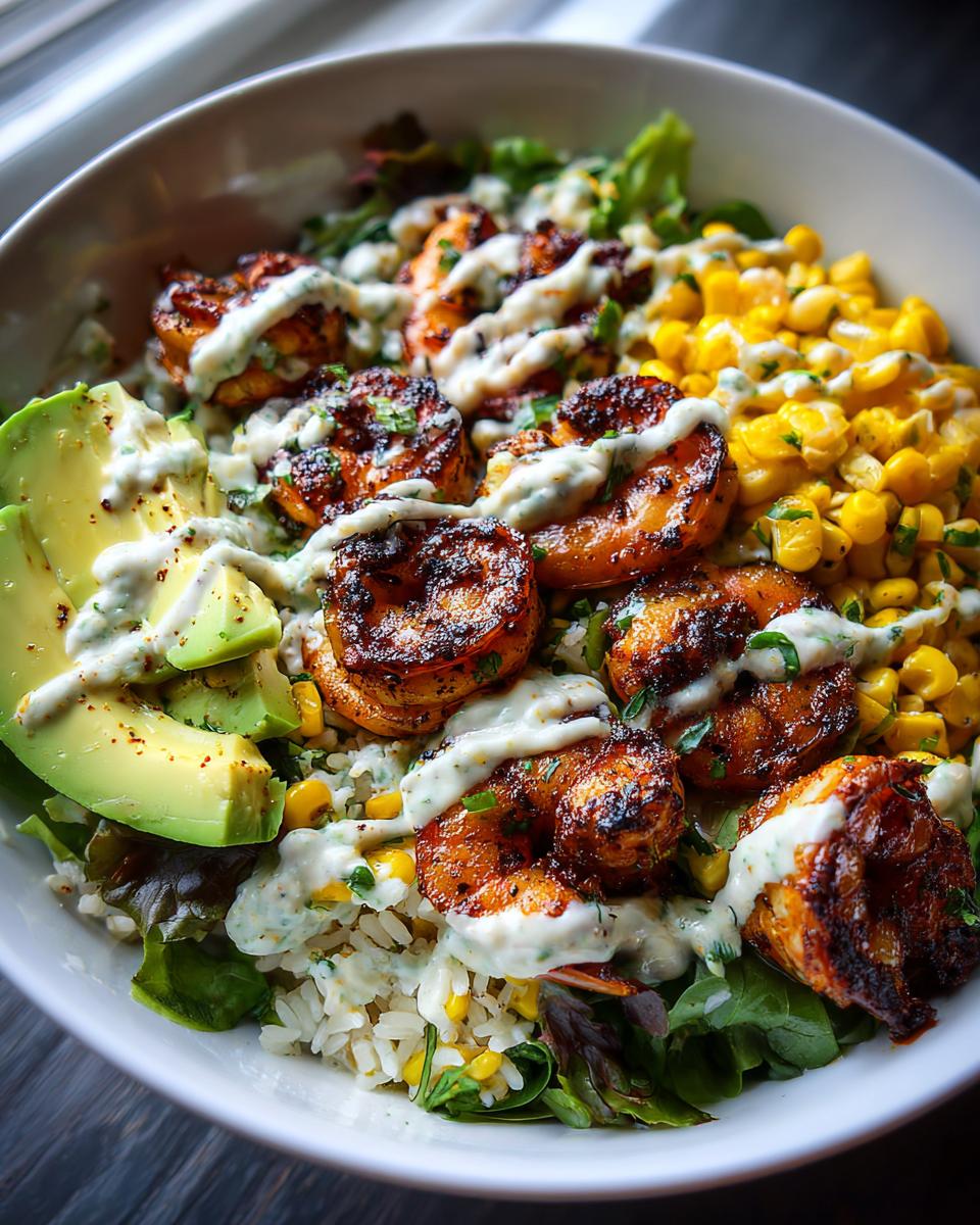 Close-up of a vibrant shrimp bowl featuring blackened shrimp, corn, avocado slices, and a creamy drizzle over rice and greens.