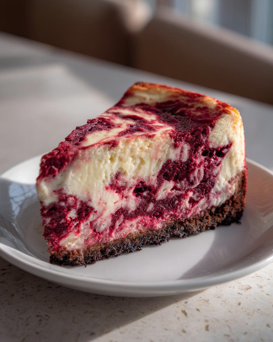 A close-up of a single slice of red velvet cheesecake featuring a rich red swirl pattern on a white plate.