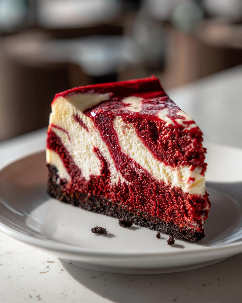 A close-up of a decadent slice of red velvet cheesecake featuring vibrant red and white swirls on a dark crust.