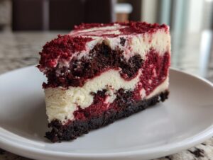 A close-up view of a rich slice of red velvet cheesecake with dark red cake swirls and white cream cheese filling on a white plate.