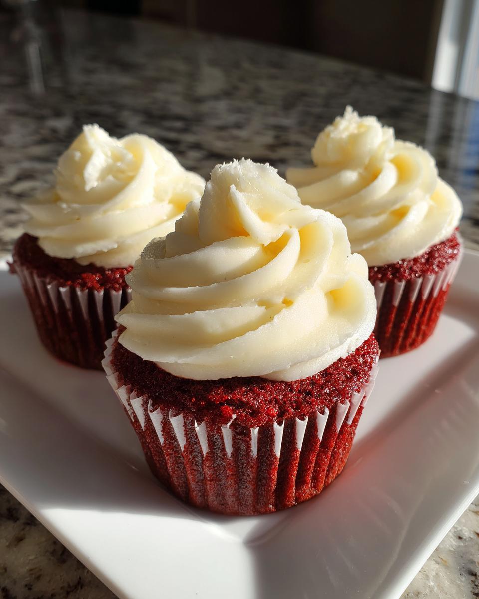 Three moist red velvet cupcakes topped with swirls of thick, white cream cheese frosting, sitting on a white plate.