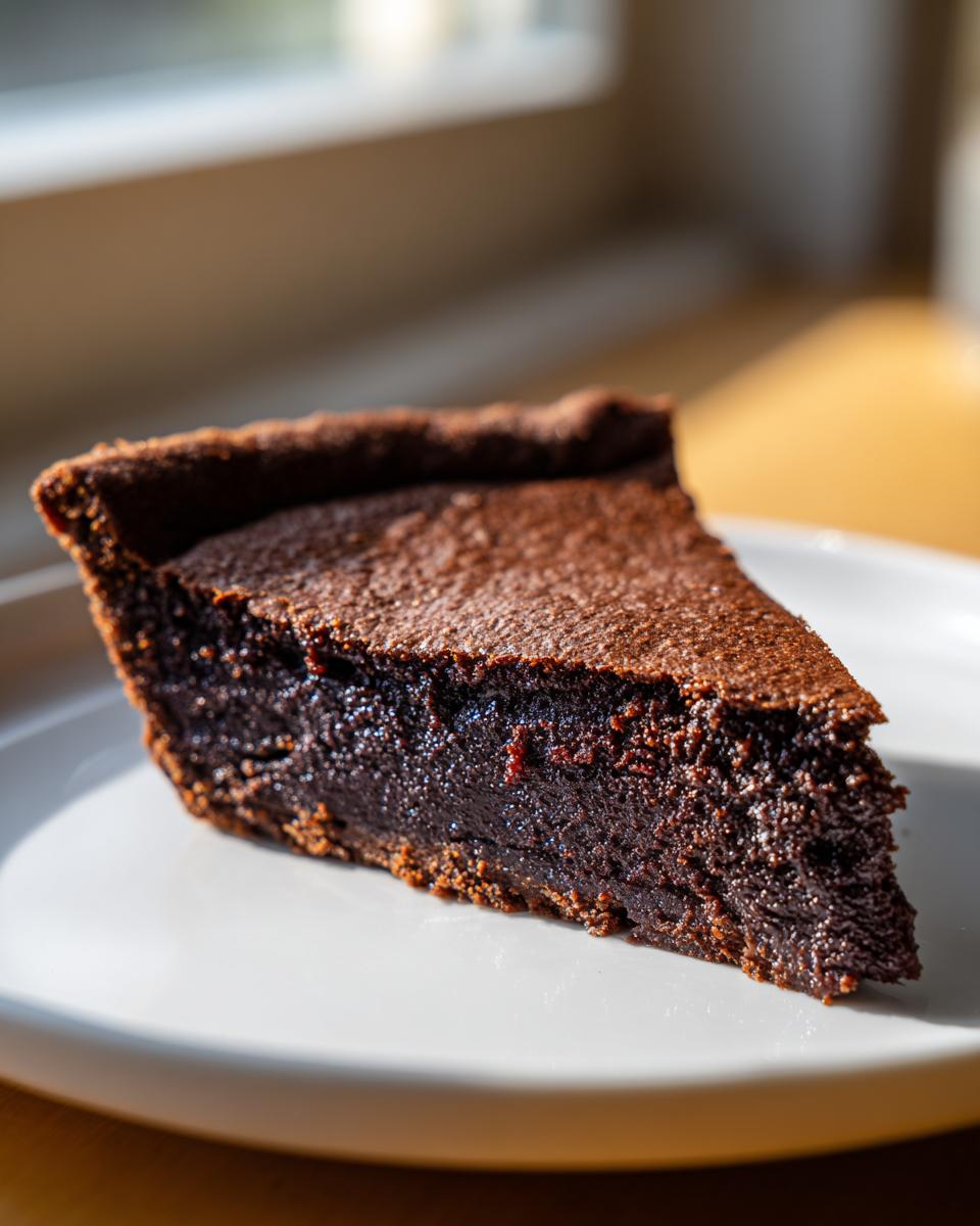 A close-up of a decadent slice of fudge pie with a dark, moist interior sitting on a white plate.
