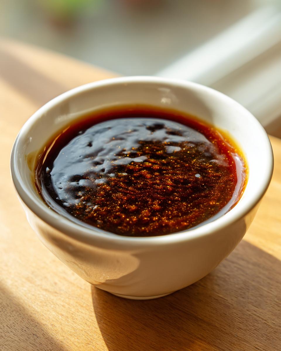 Close-up of thick, dark brown homemade teriyaki sauce glistening in a small white dipping bowl.