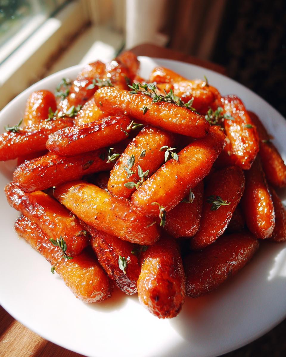 A close-up of glossy, caramelized roasted baby carrots topped with fresh thyme sprigs on a white plate.